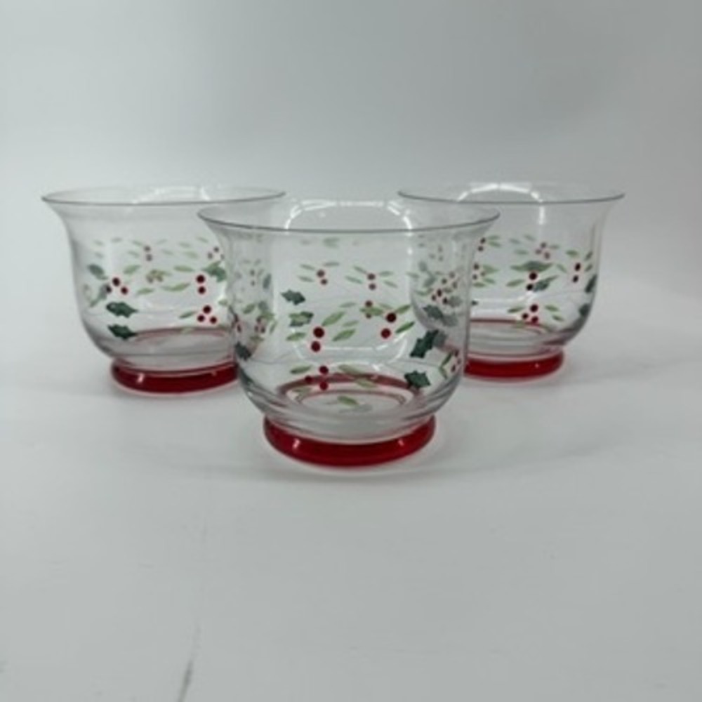 Pfaltzgraff Winterberry Glass Votive Candle Holders Set of 3 Red Footed‎ Holly